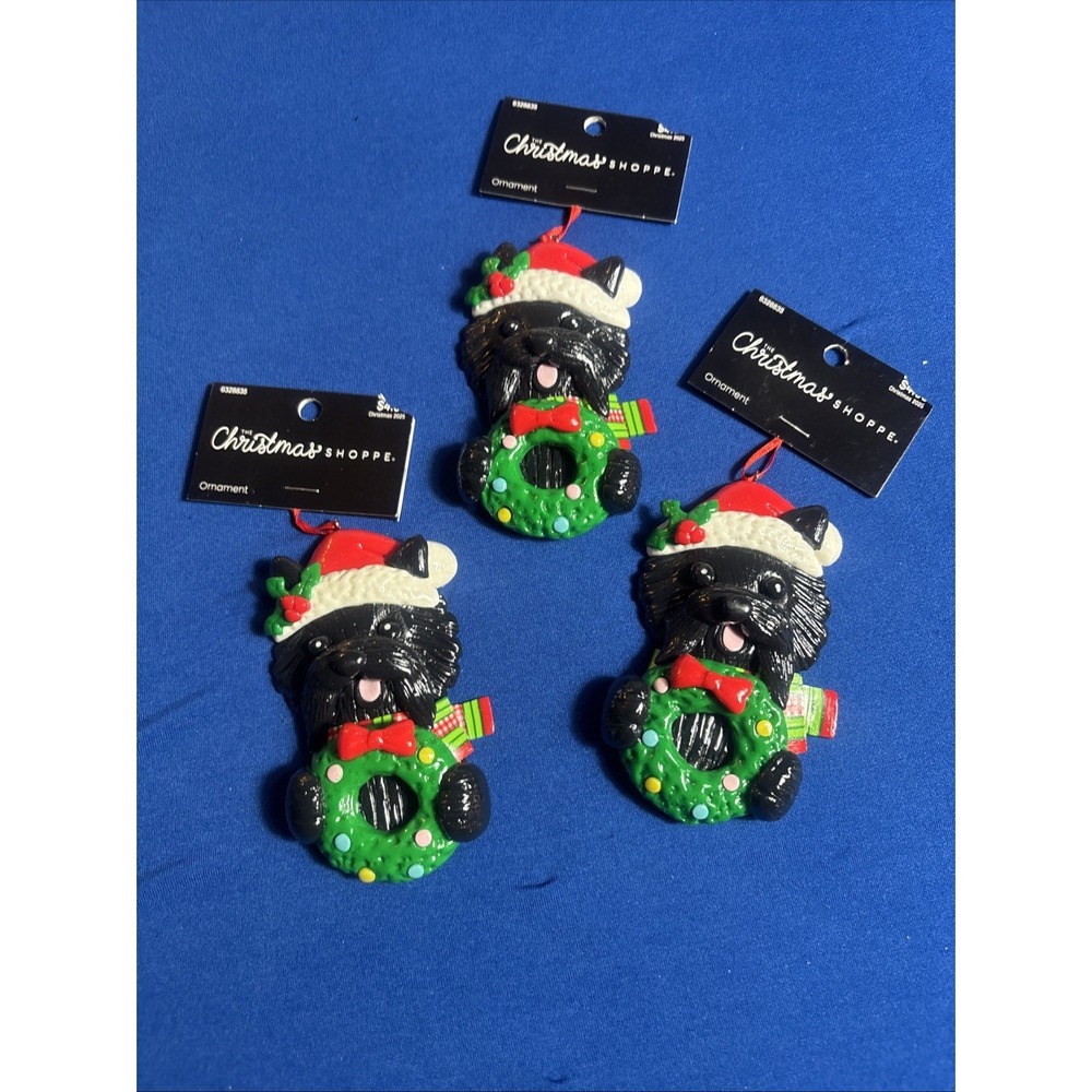 Black Scottie Dog Ornament Wreath Santa Hat Christmas Festive Lot Of 3